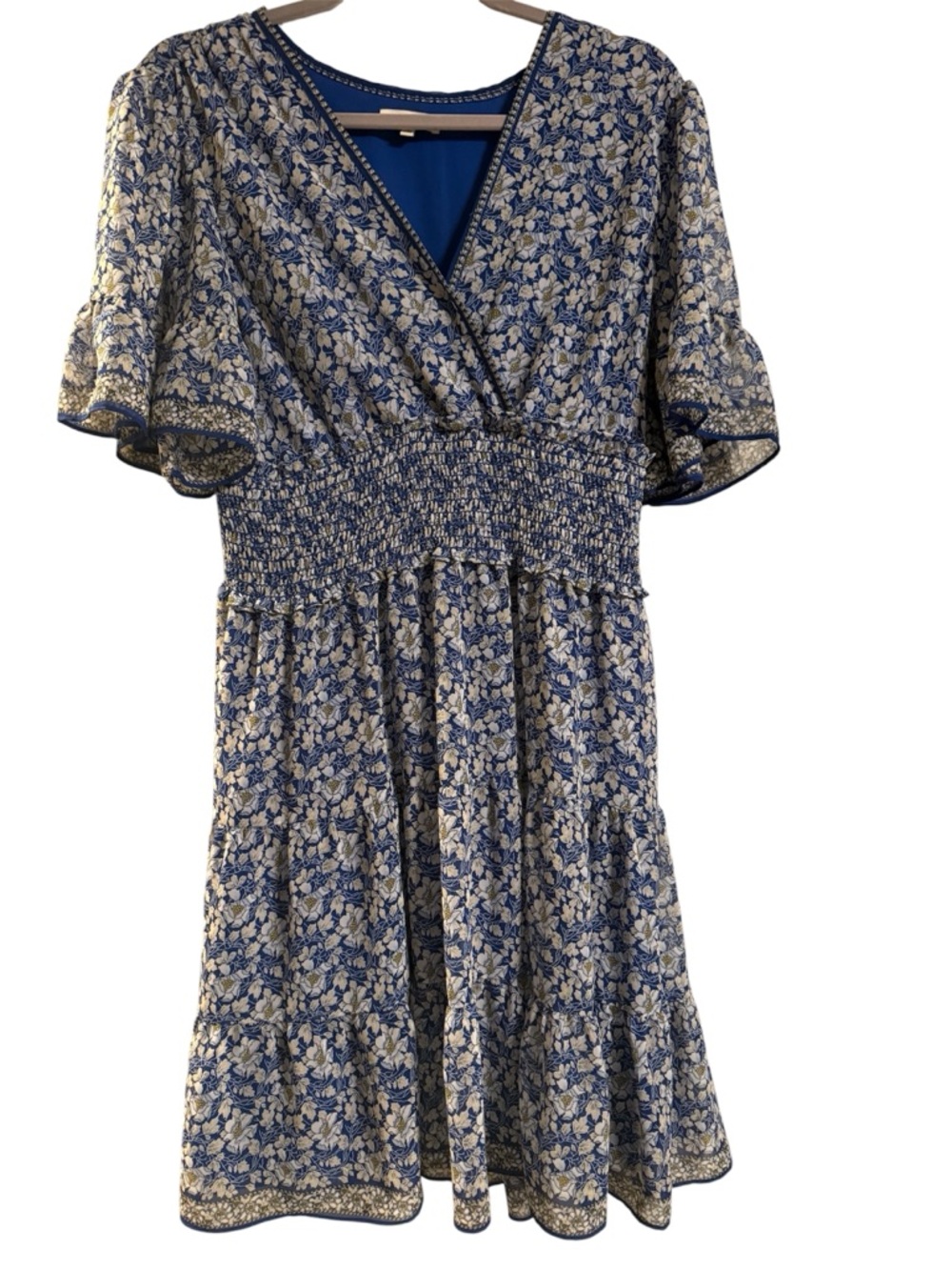 Max Studio Blue & Yellow Floral Smocked Waist Short Dress